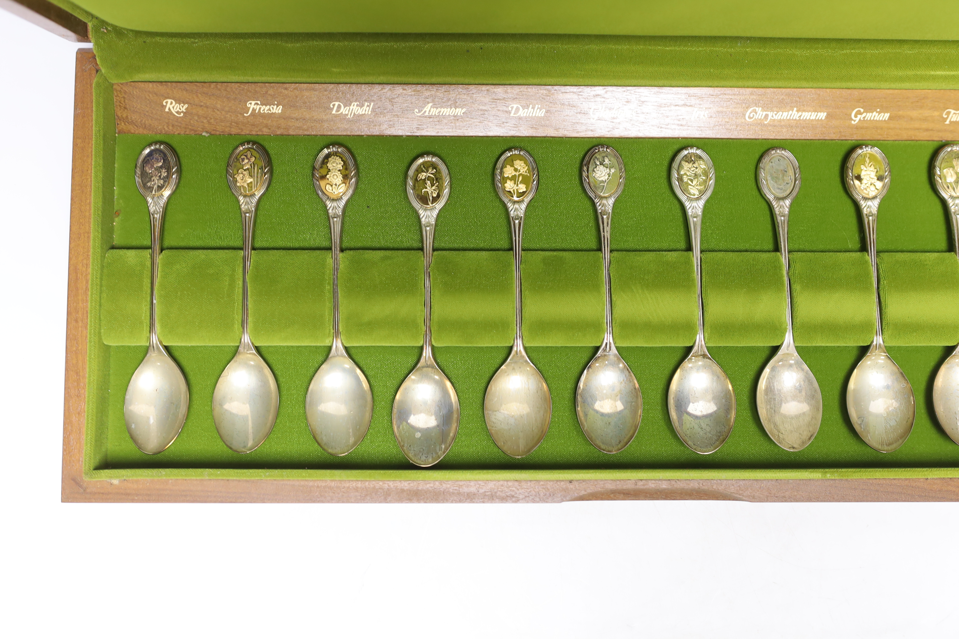 A modern cased set of twelve parcel gilt silver 'Royal Horticultural Society Flower Spoons' by John Pinches, with cert, 9.5oz.